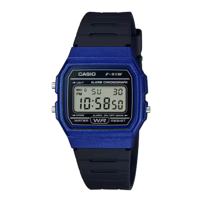 Blue Casio digital watch with black strap on a white background